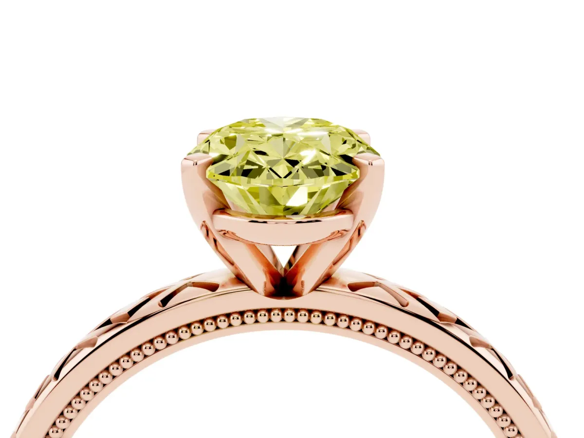 Fancy Yellow Oval Cut Solitaire Diamond Ring with Milgrain and Black Enamel X Pattern Band Rose gold