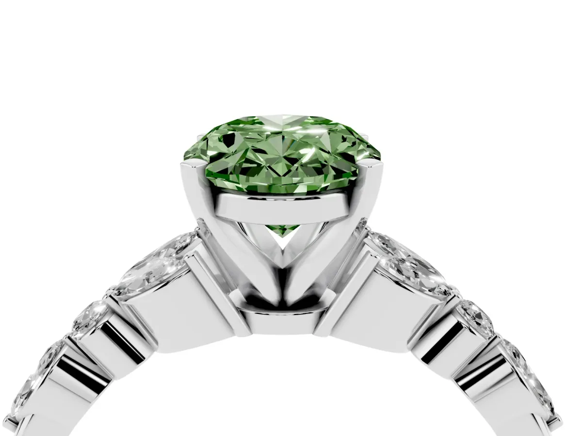 Fancy Green Oval Cut Diamond Solitaire Ring with Side Stones and Four-Prong Setting Silver