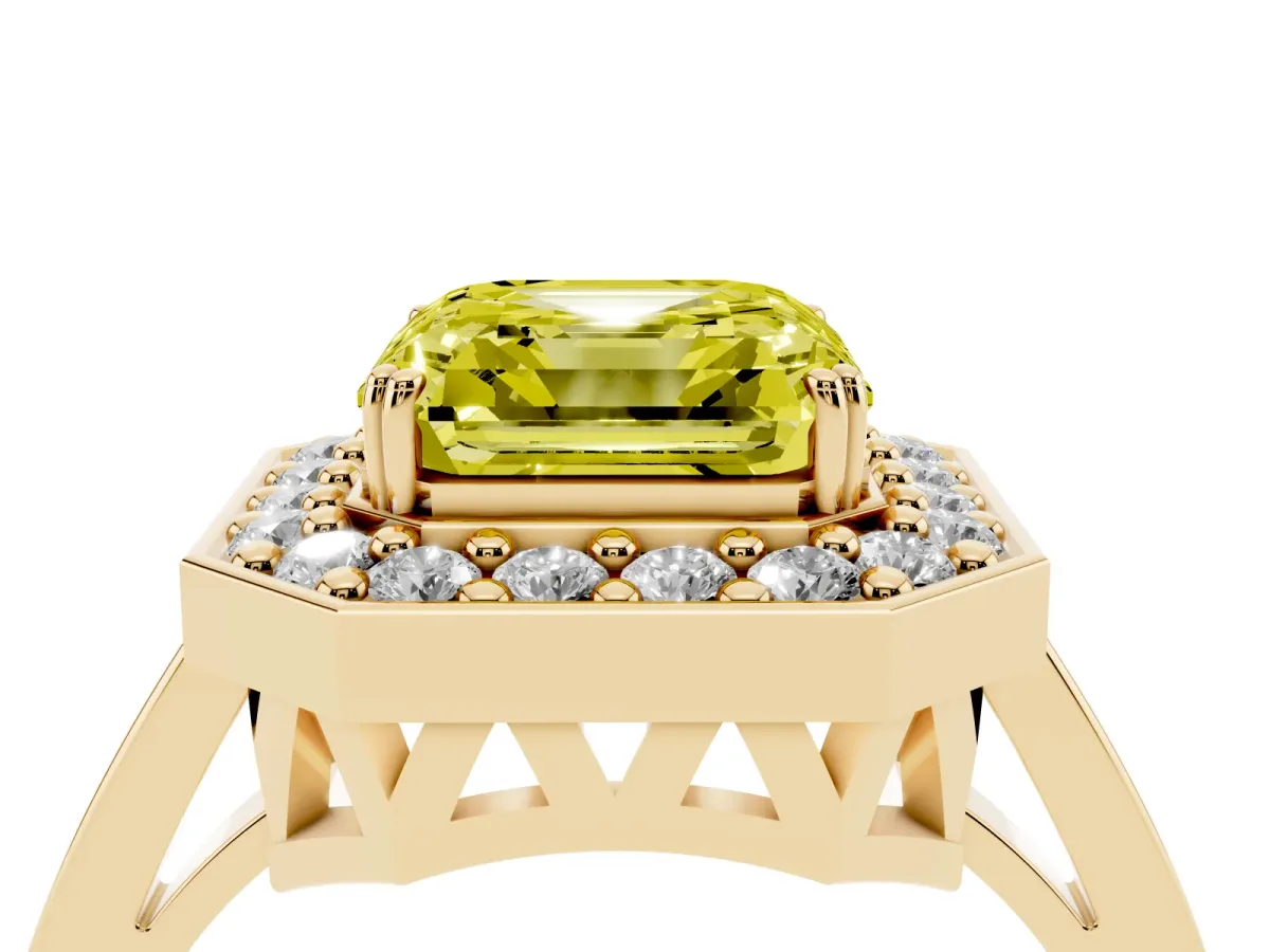Fancy Yellow Asscher Cut Diamond Halo Ring with Split Shank and Four-Prong Setting Yellow gold