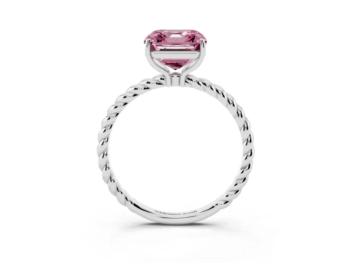 Fancy Pink Asscher Cut Solitaire Twist Band Ring with Four-Prong Setting Silver