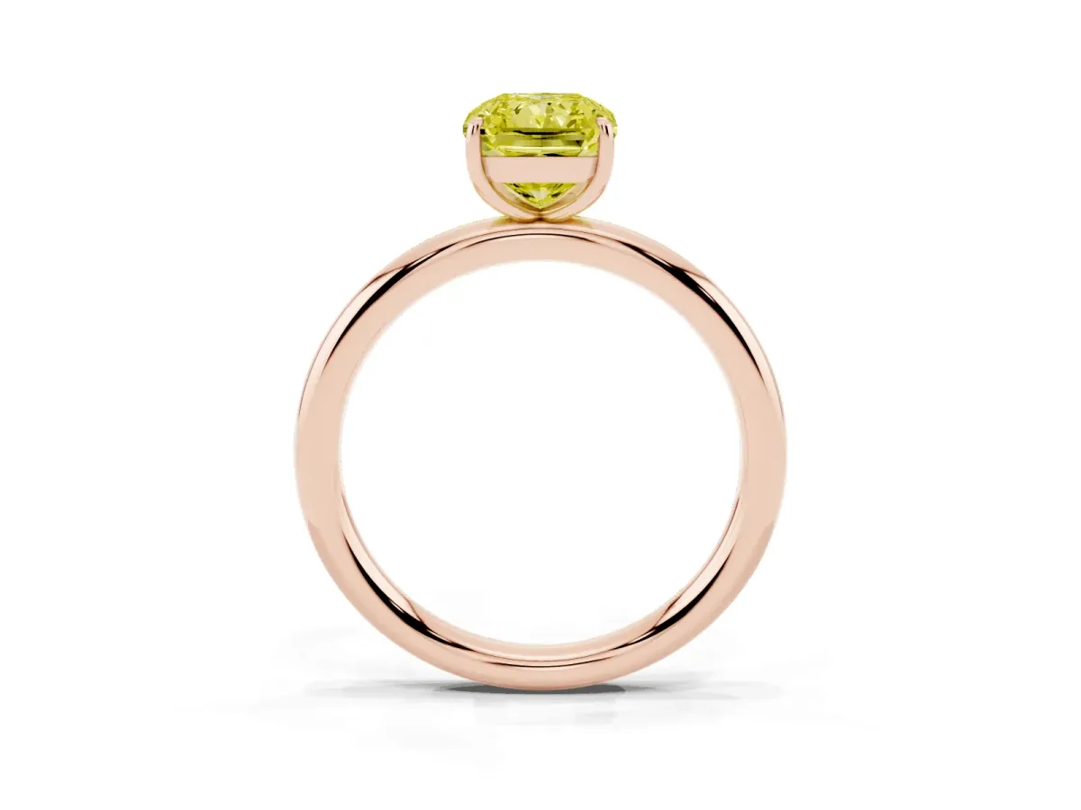 Fancy Yellow Radiant Cut Solitaire Diamond Ring with Four-Prong Setting on a Plain Band Rose gold