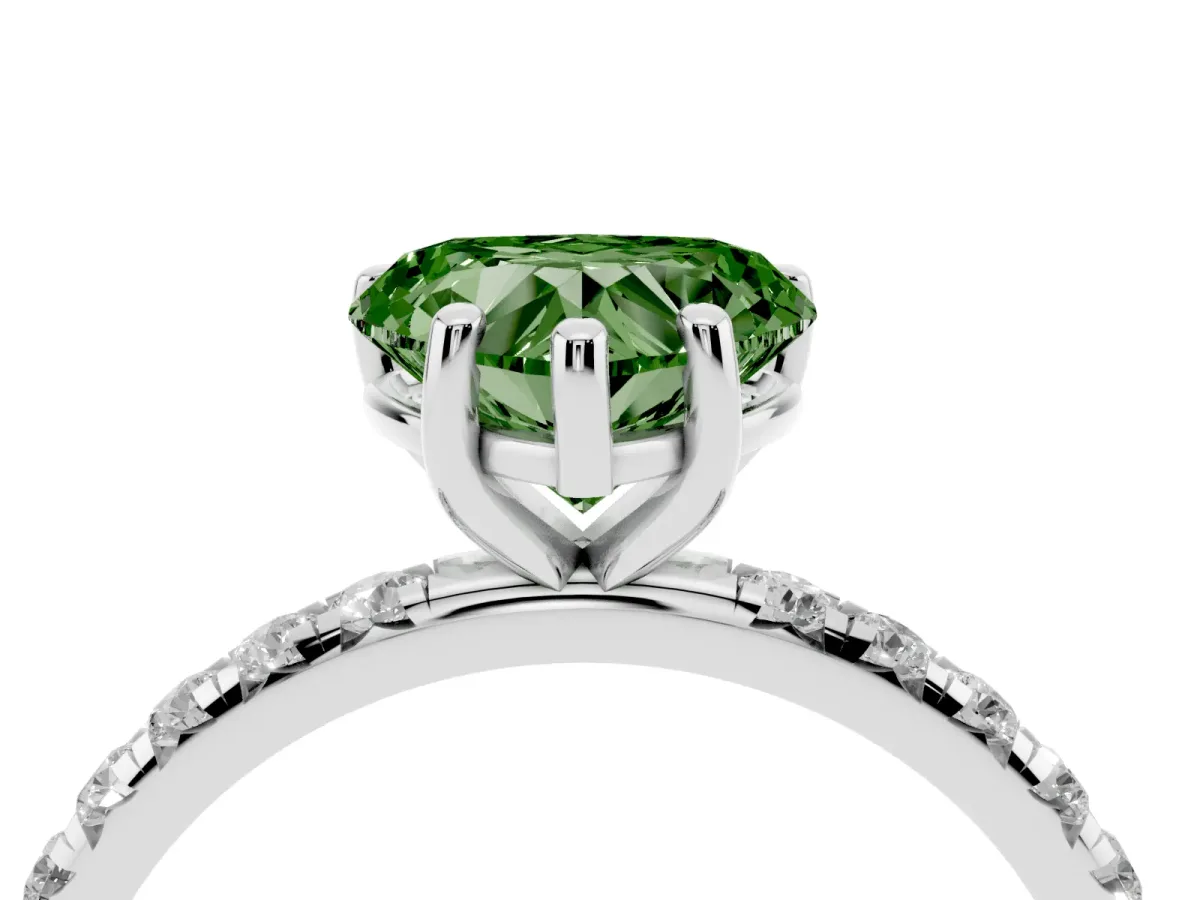 Fancy Green Heart Cut Cut Diamond Solitaire Ring with Micro Pave Band and Four Prong Setting Silver