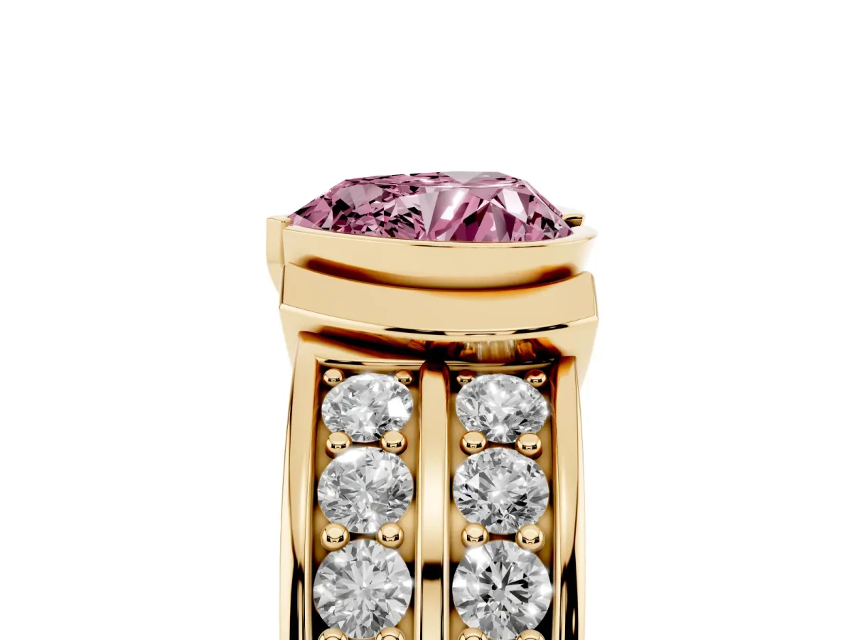 Fancy Pink Heart Cut Brilliant Diamond Channel Set Wide Band Ring with Bezel Setting Yellow gold