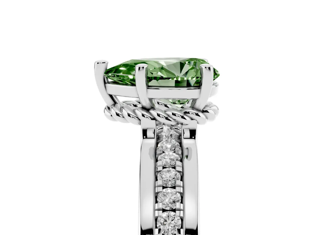 Fancy Green Pear Cut Solitaire Diamond Ring with Channel Set Band and Six-Prong Setting Silver