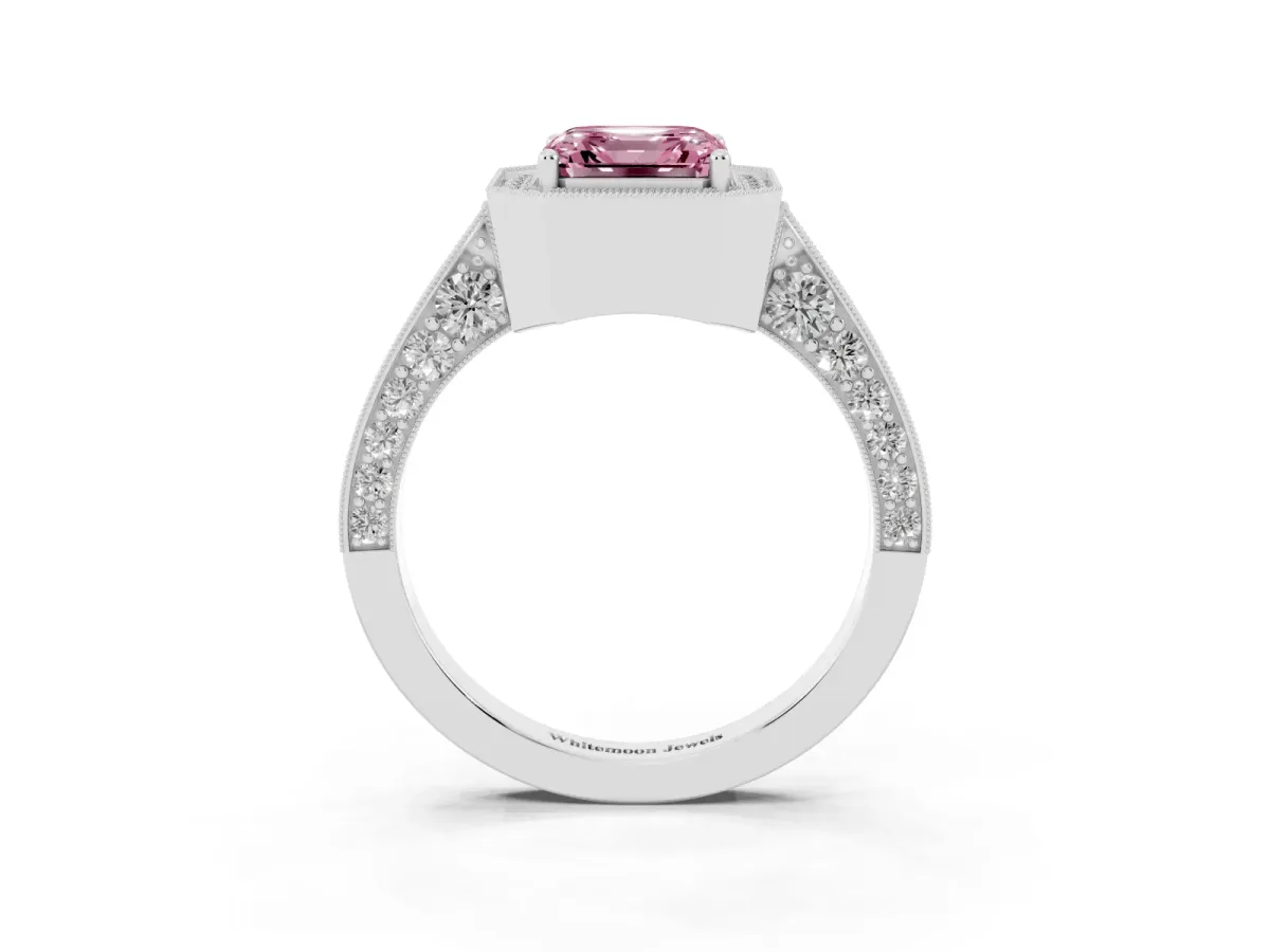 Fancy Pink Asscher Cut Halo Diamond Engagement Ring with Split Shank Band and Four-Prong Setting Platinum
