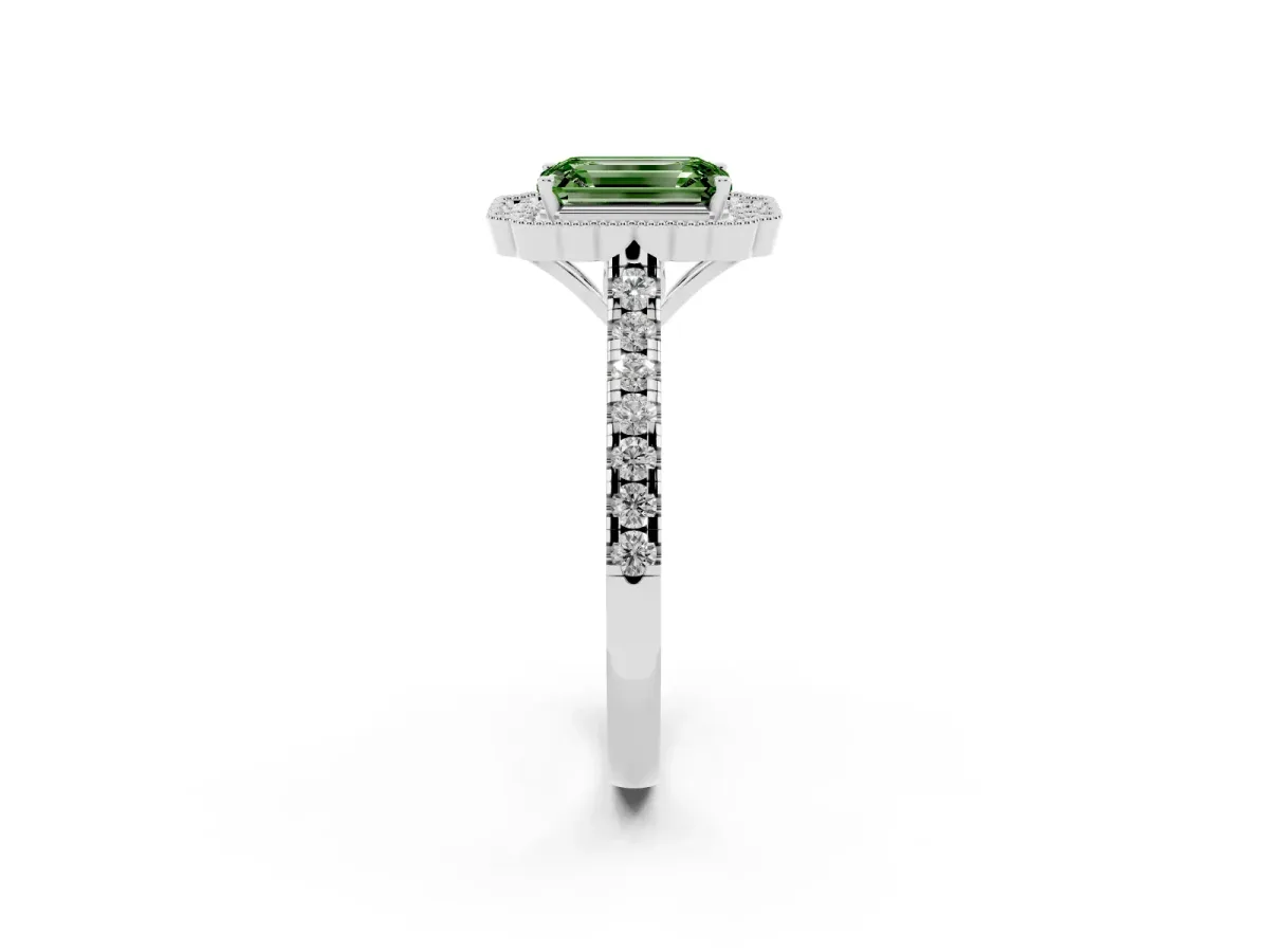 Fancy Green Emerald Cut Cut Diamond Milgrain Floral Halo Engagement Ring with Pavé Band Platinum