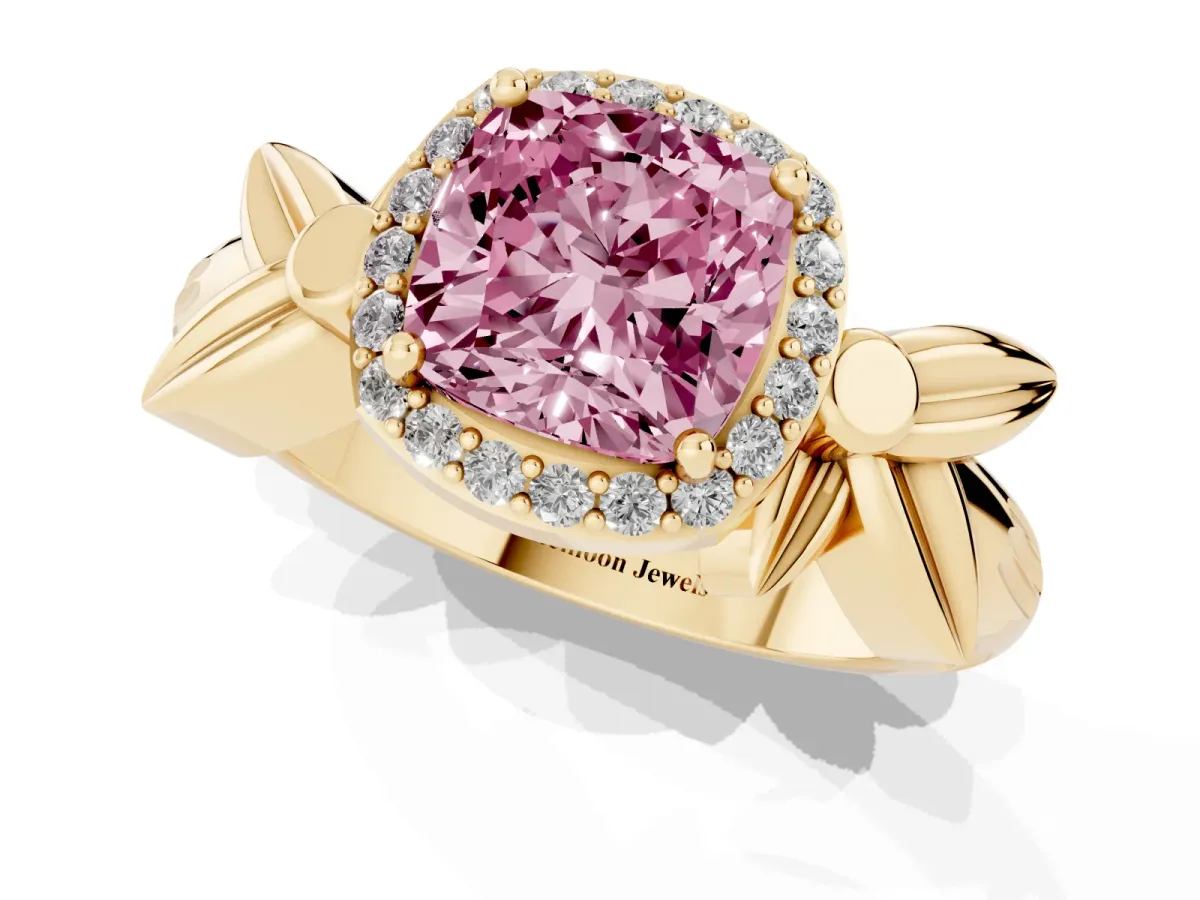 Fancy Pink Cushion Cut Halo Diamond Floral Band with Four-Prong Setting Yellow gold