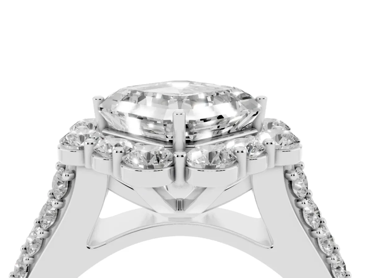 Asscher Cut Halo Diamond Engagement Ring with Split Shank and Prong Setting Silver
