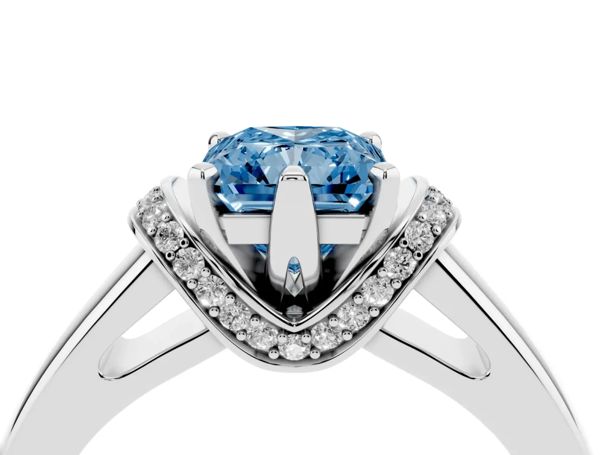 Fancy Blue Radiant Cut Solitaire Diamond Ring with Pave Band and Six-Prong Setting Silver