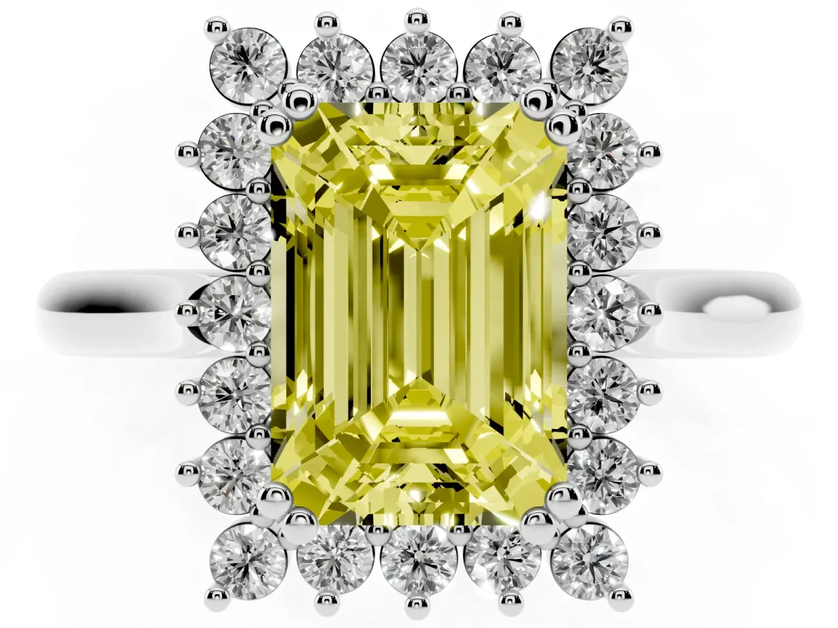 Fancy Yellow Emerald Cut Cut Diamond Halo Ring with Solitaire Band and Prong Setting Platinum