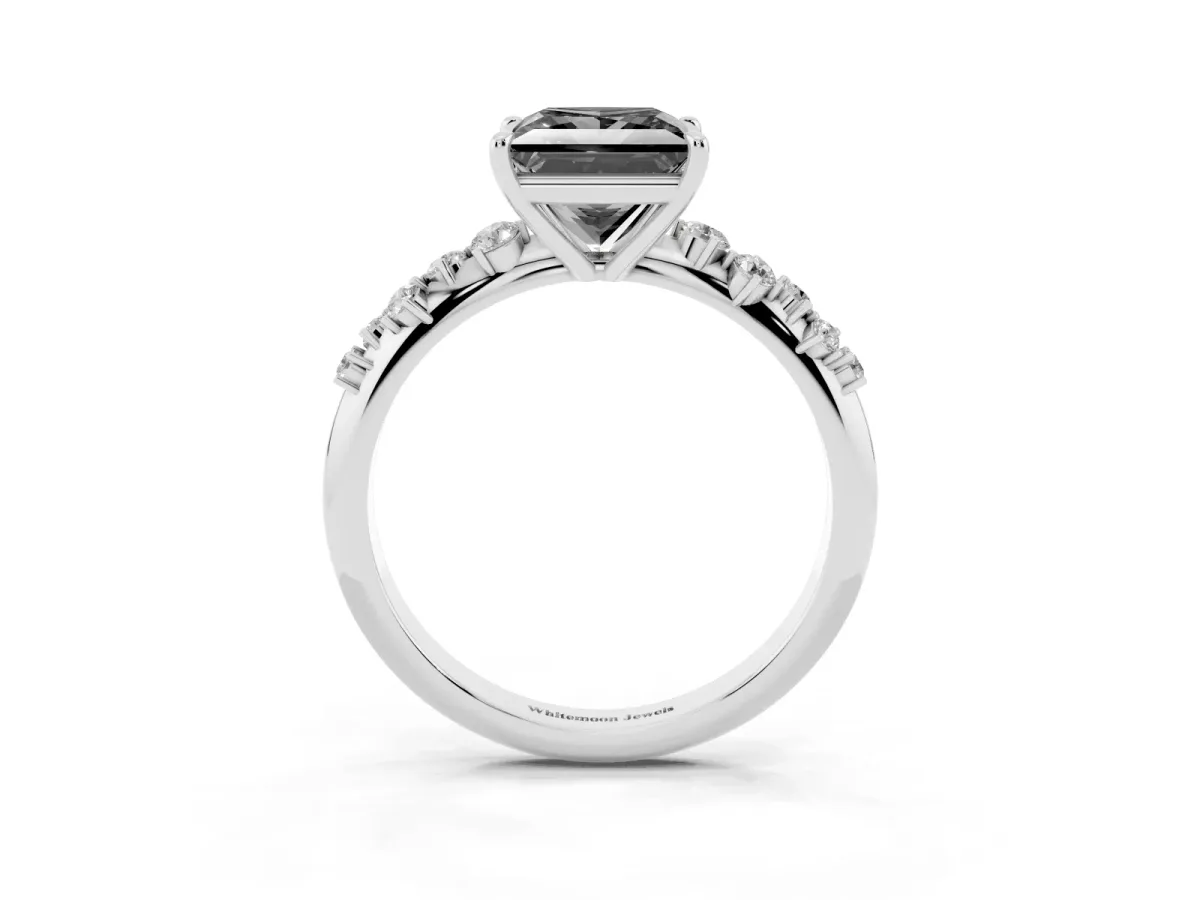 Fancy Black Princess Cut Diamond Cluster Side Stone Solitaire Ring with Prong Setting Silver