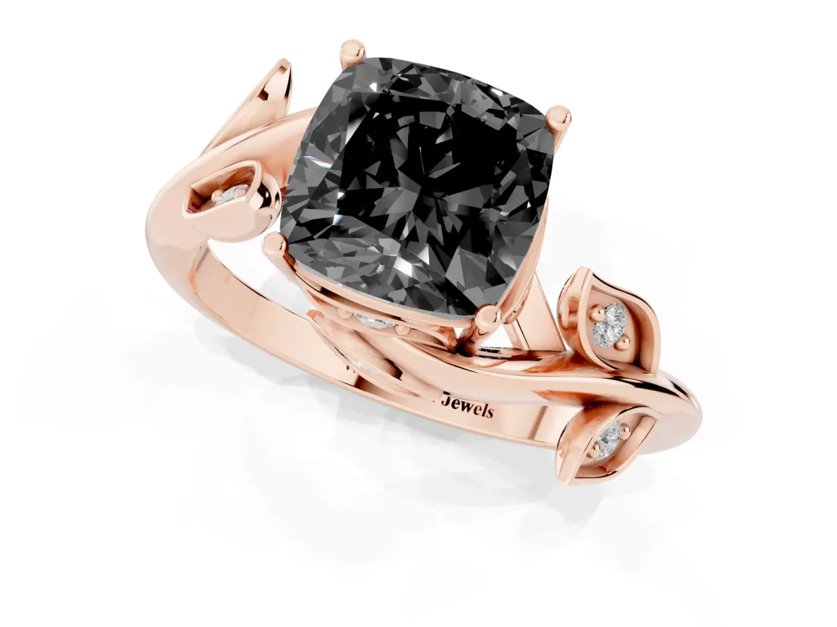 Fancy Black Cushion Cut Solitaire Twist Engagement Ring with Leaf Accents and Prong Setting Rose gold