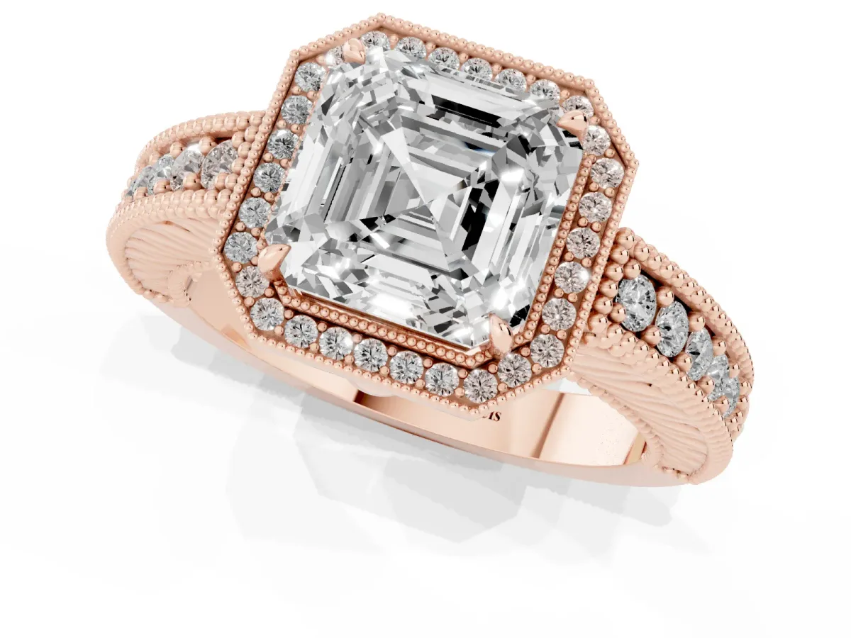Asscher Cut Cut Halo Diamond Ring with Pavé Band and Four-Prong Setting Rose gold
