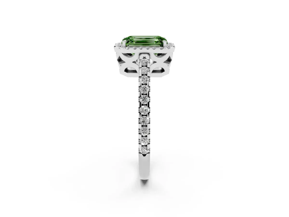 Fancy Green Emerald Cut Diamond Halo Engagement Ring with Pavé Band and Prong Setting Platinum