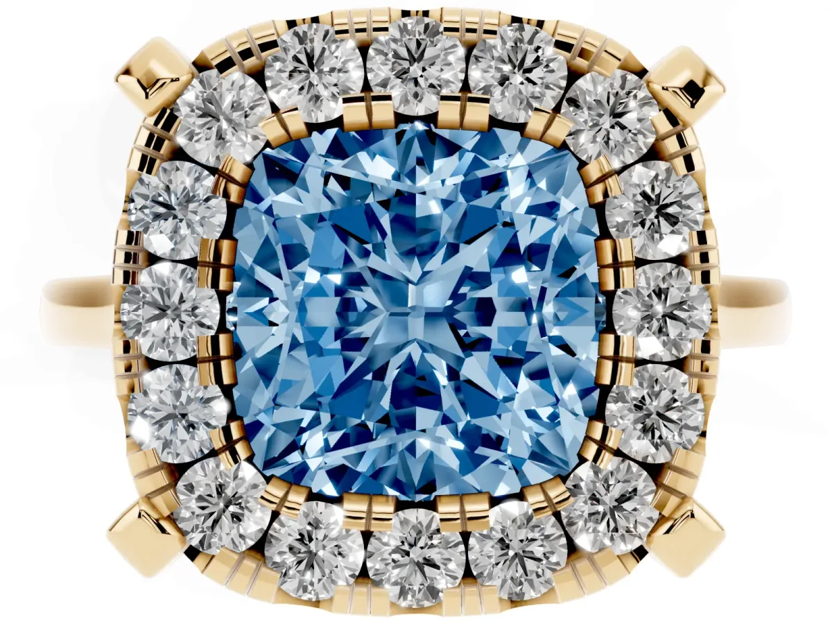 Fancy Blue Cushion Cut Diamond Cluster Halo Solitaire with Four-Prong Setting Yellow gold