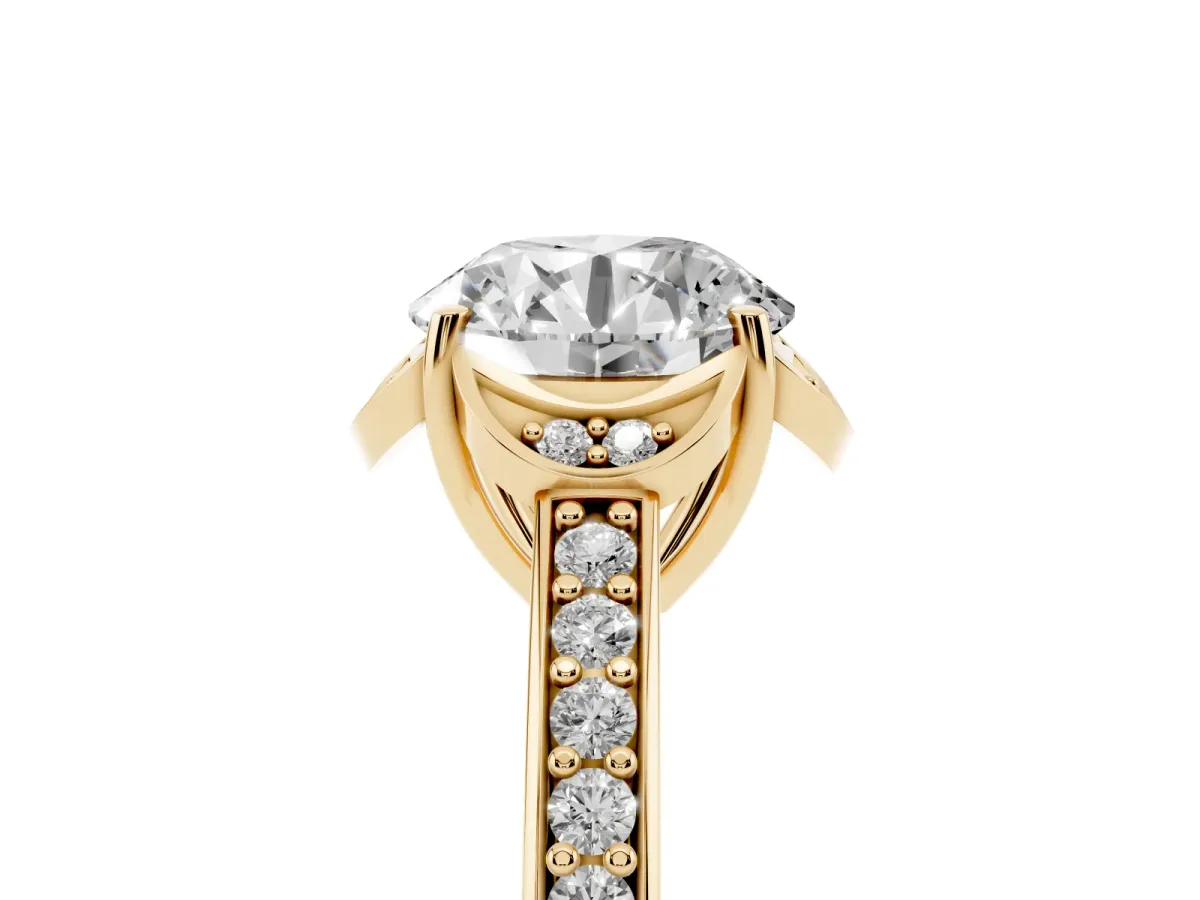 Round Cut Cut Halo Diamond Ring with Channel Set Band and Four-Prong Setting Yellow gold