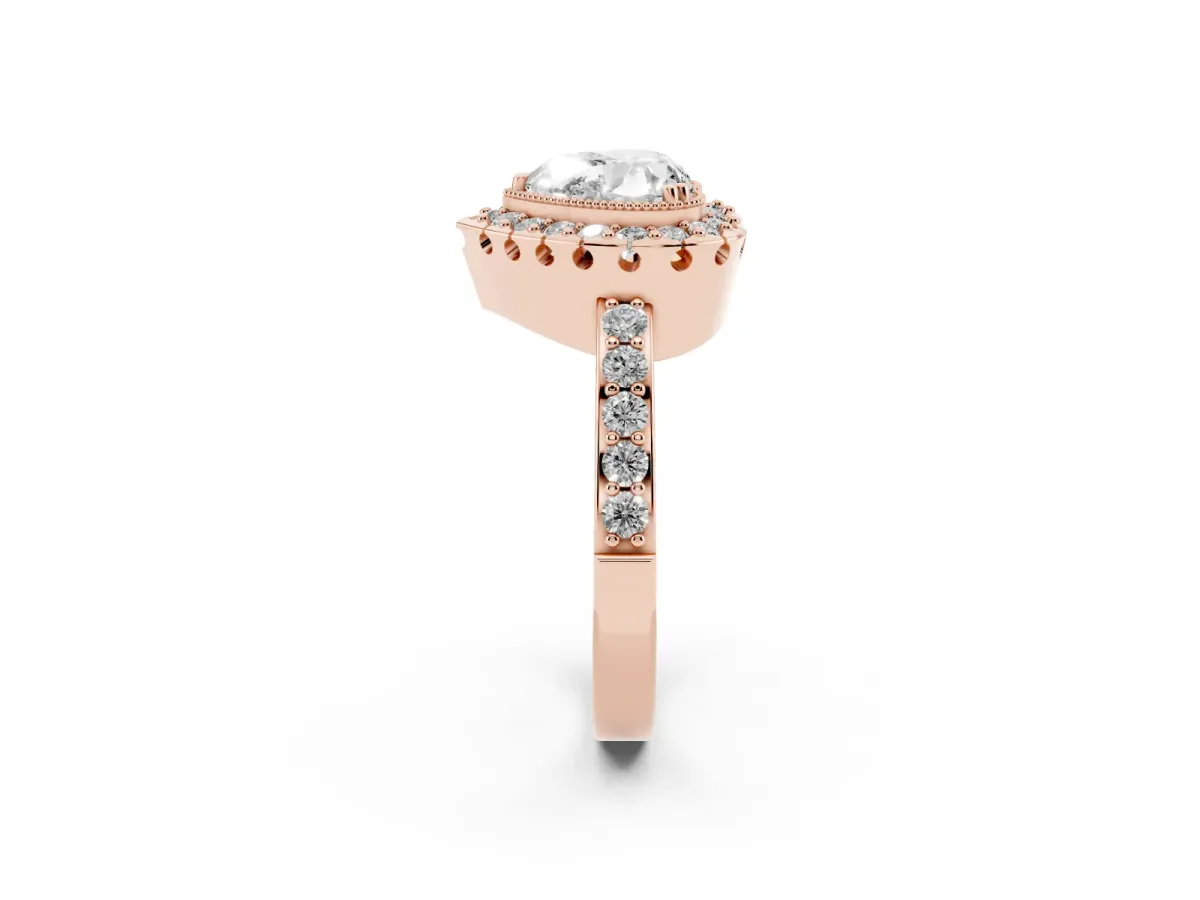 Heart Cut Diamond Halo Ring with Pavé Band and Prong Setting Rose gold