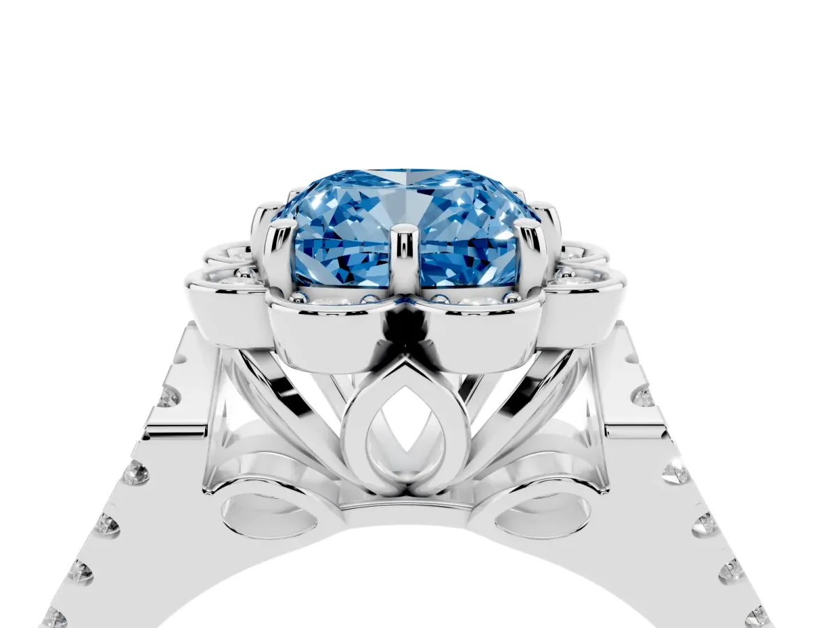 Fancy Blue Cushion Cut Halo Diamond Floral Split Shank Engagement Ring Silver