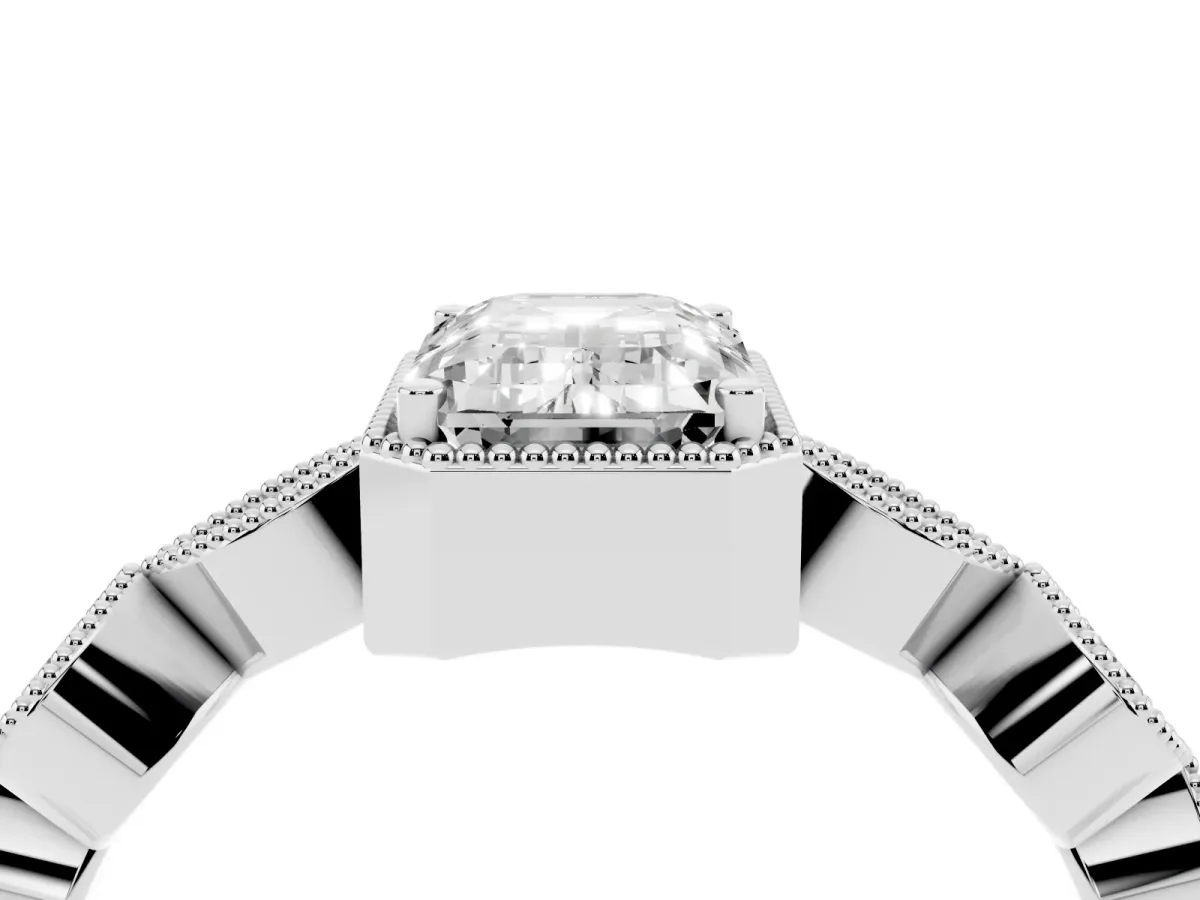 Emerald Cut Diamond Vintage Milgrain Ring with Round Stations Silver