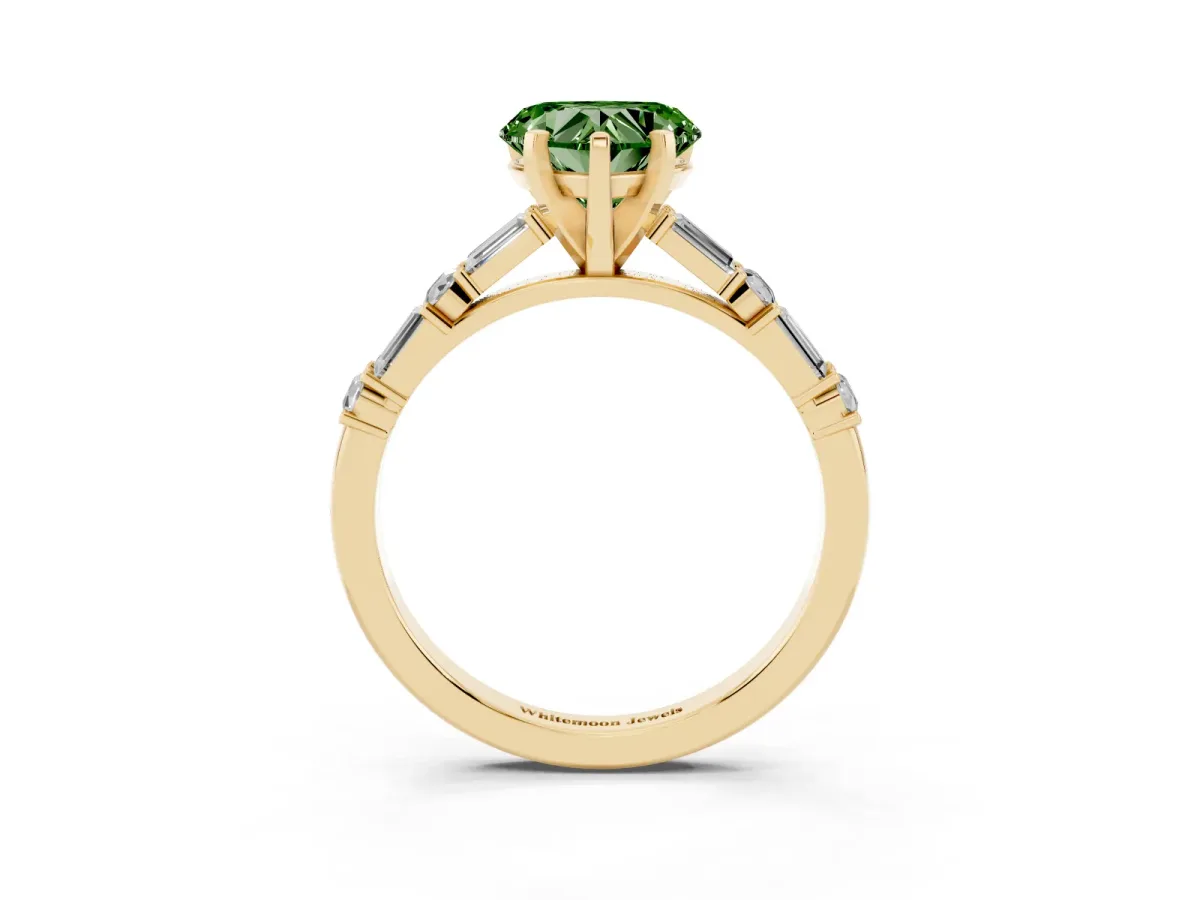Fancy Green Heart Cut Diamond Solitaire with Side Baguettes and Channel Set Band Yellow gold