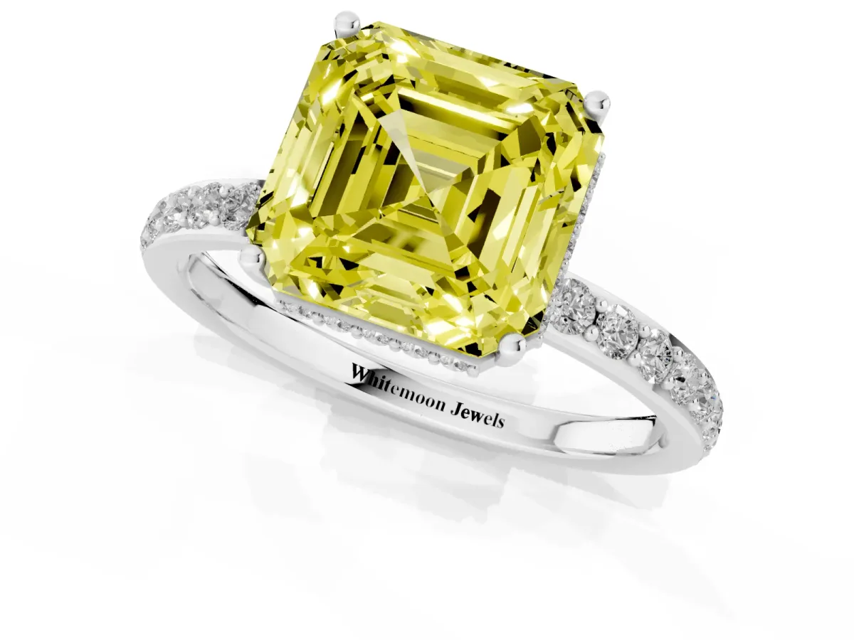 Fancy Yellow Asscher Cut Diamond Solitaire Ring with Pavé Band and Hidden Halo Platinum