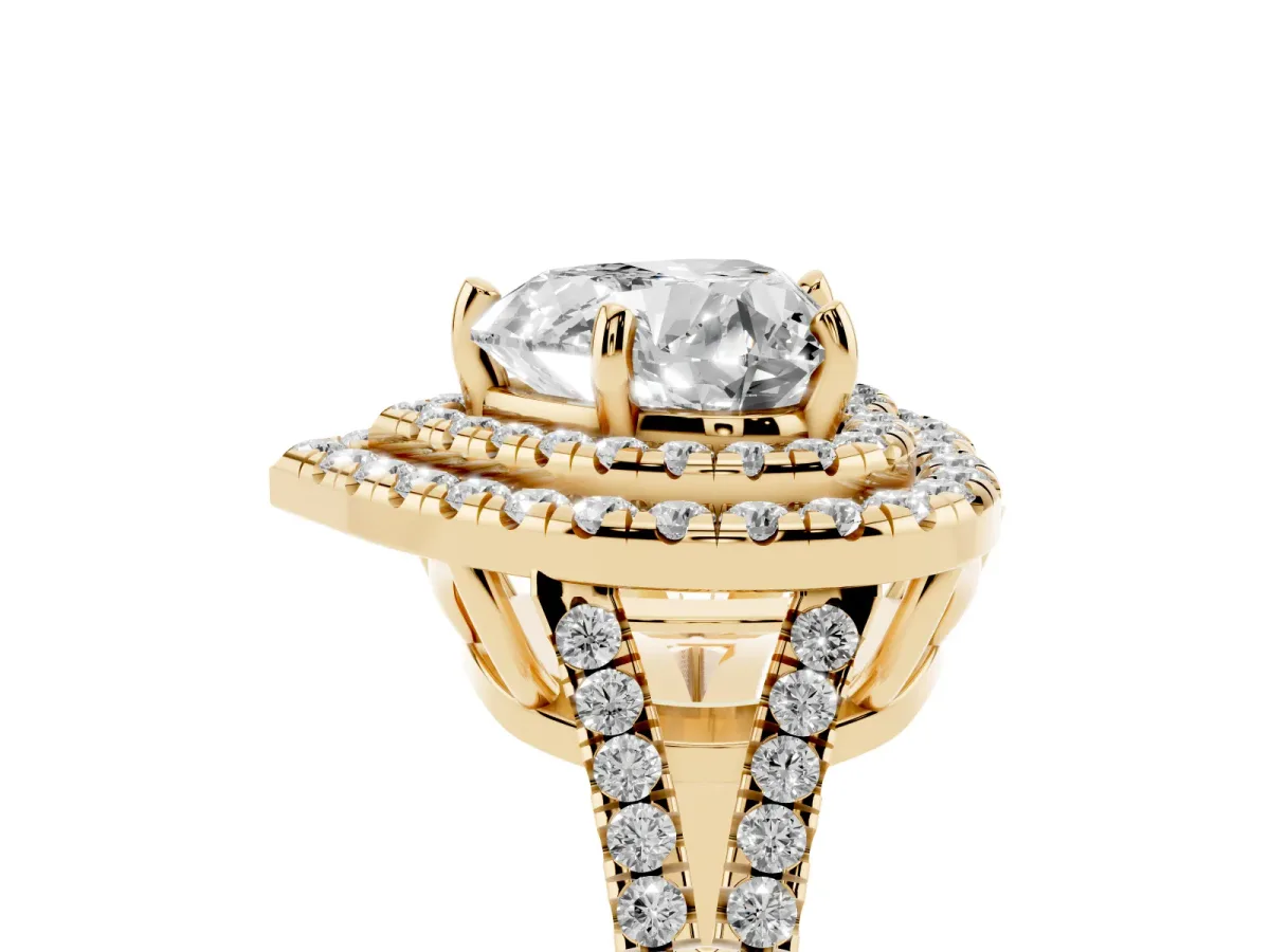 Heart Cut Diamond Double Halo Ring with Pavé Band and Prong Setting Yellow gold