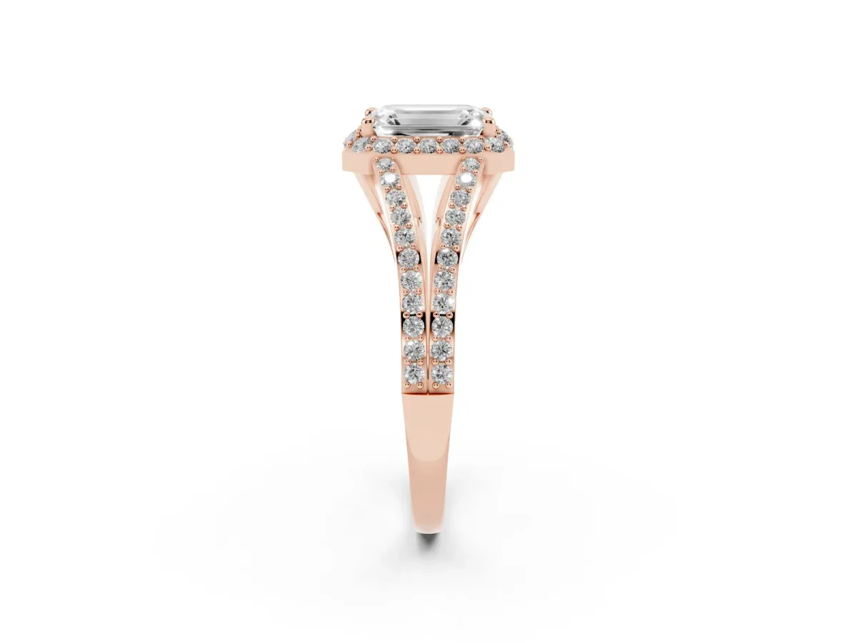 Emerald Cut Halo Split Shank Diamond Ring with Prong Setting Rose gold
