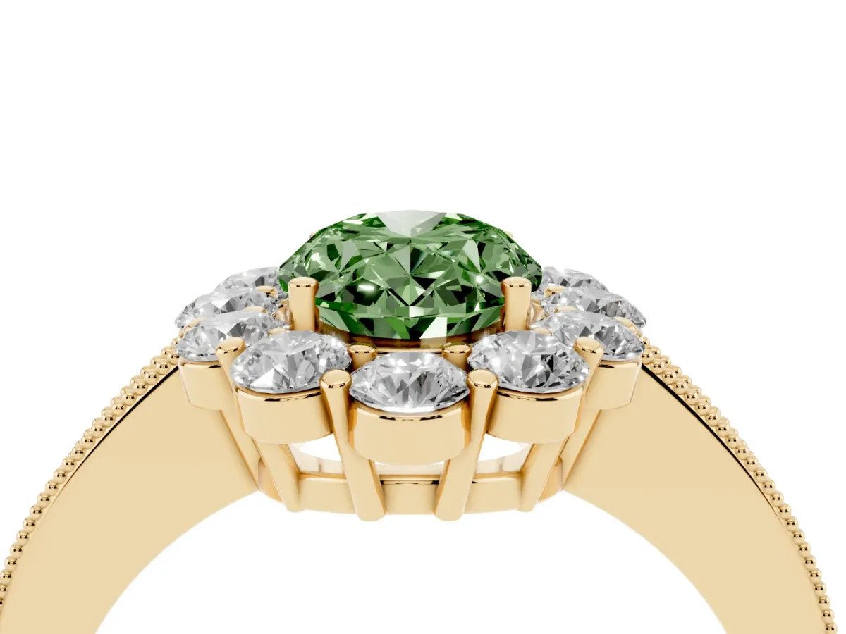 Fancy Green Oval Cut Cut Halo Diamond Pavé Engagement Ring with Milgrain Detailing Yellow gold