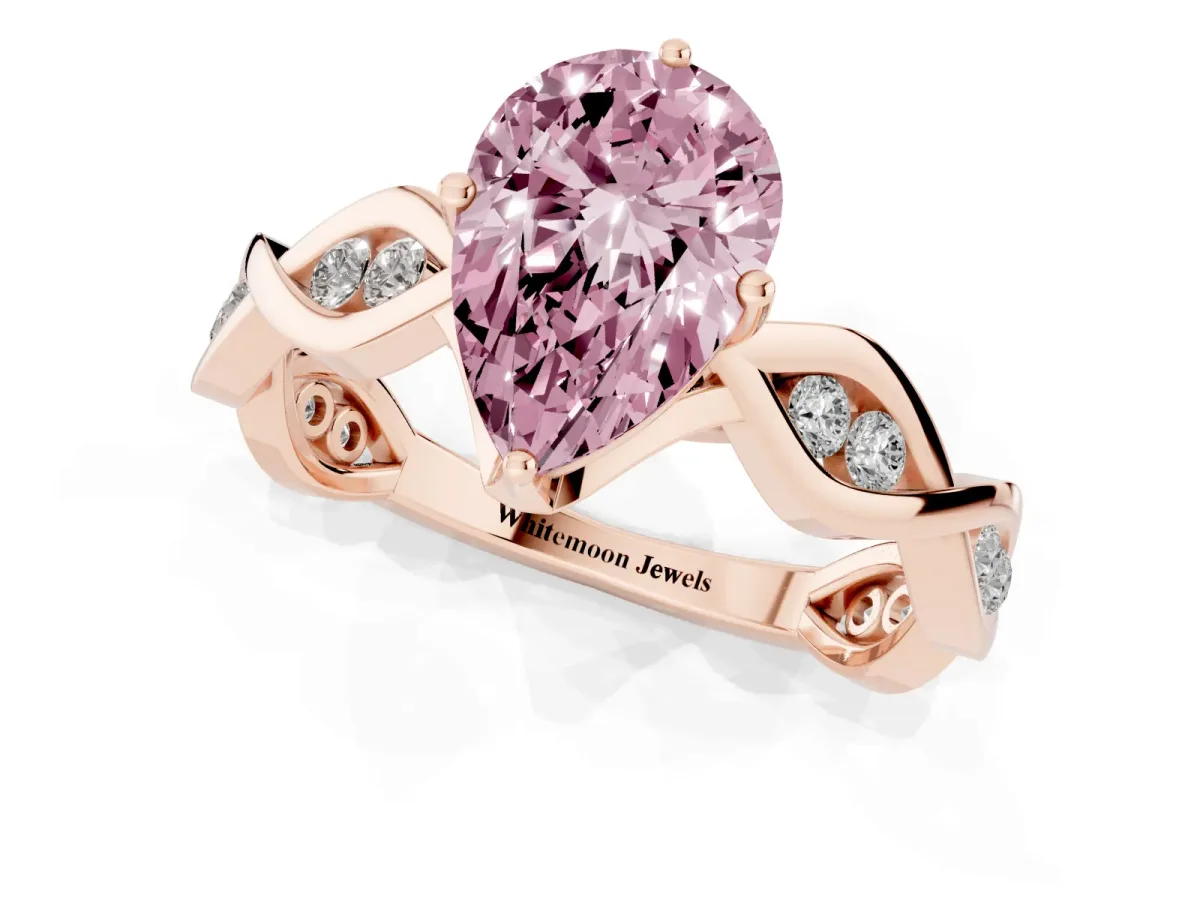 Fancy Pink Pear Cut Solitaire Twist Band with Leaf Prong Setting Rose gold