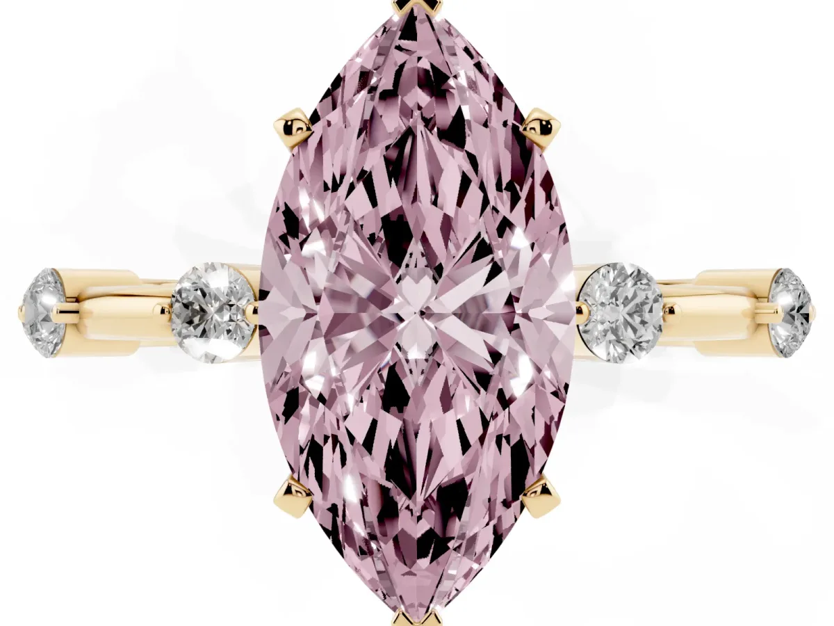 Fancy Pink Marquise Cut Solitaire Diamond Ring with Bezel Set Side Stones and Prong Setting Yellow gold