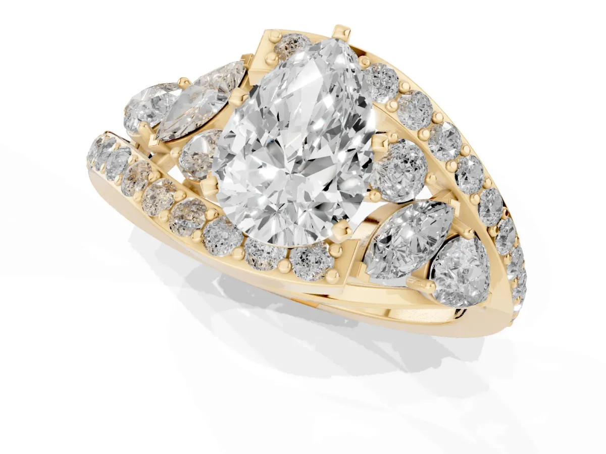 Pear Cut Diamond Halo Ring with Marquise and Pavé Band in Prong Setting Yellow gold