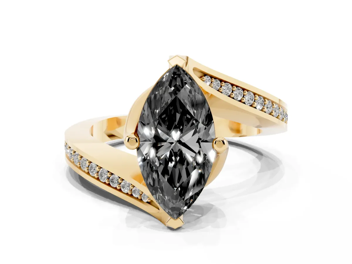 Fancy Black Marquise Cut Solitaire Diamond Twist Band with Pavé Setting and Four-Prong Setting Yellow gold