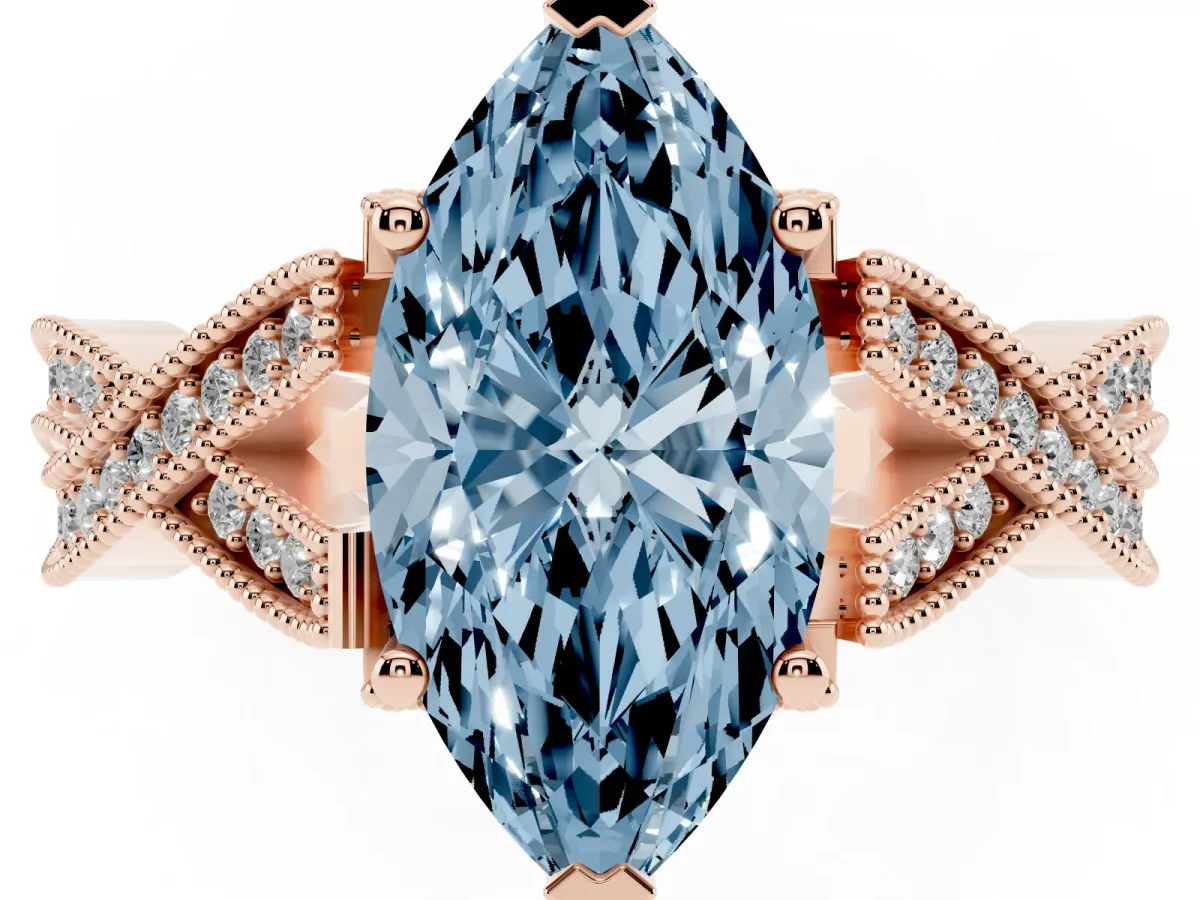 Fancy Blue Marquise Cut Cut Diamond Twisted Band with Milgrain Pave Setting and Four-Prong Setting Rose gold