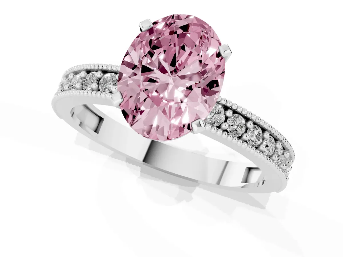 Fancy Pink Oval Cut Diamond Milgrain Pavé Engagement Ring with Four-Prong Setting Silver