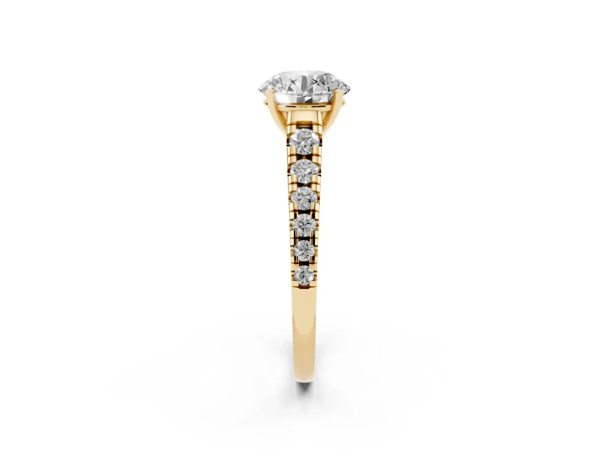 Round Cut Diamond Cathedral Solitaire Ring with Round Pavé Band Yellow gold