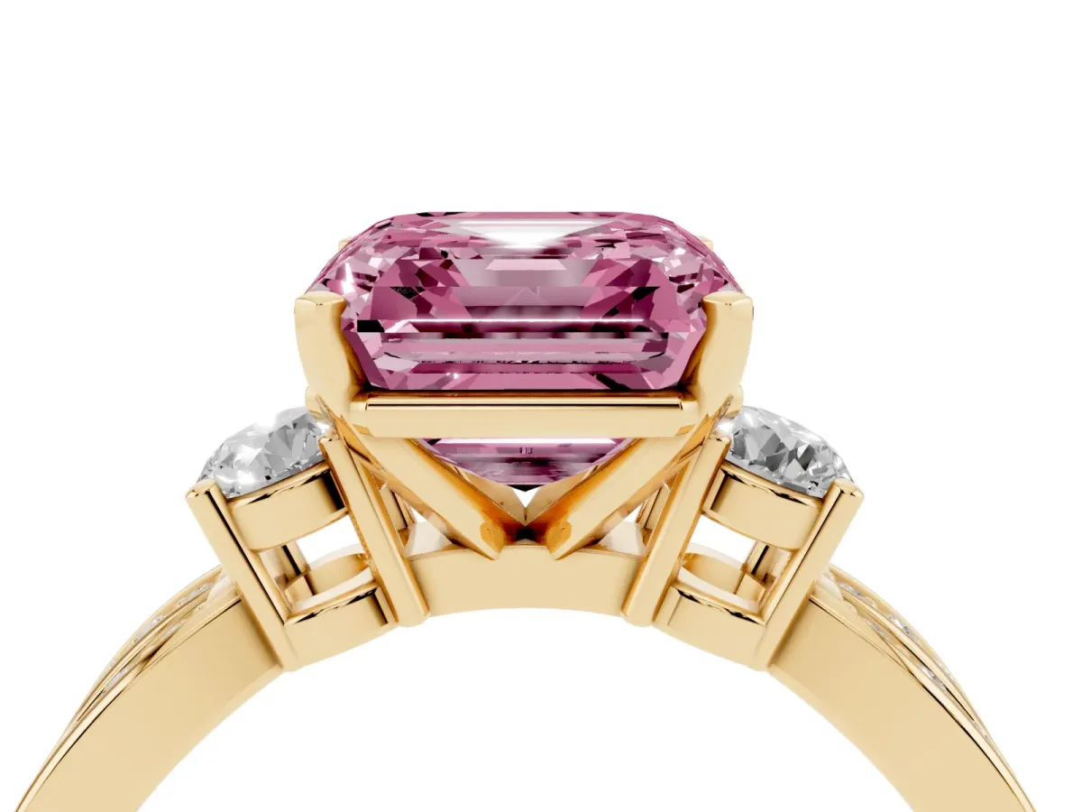 Fancy Pink Three-Stone Asscher Cut Cut Diamond Twist Band with Prong Setting Yellow gold