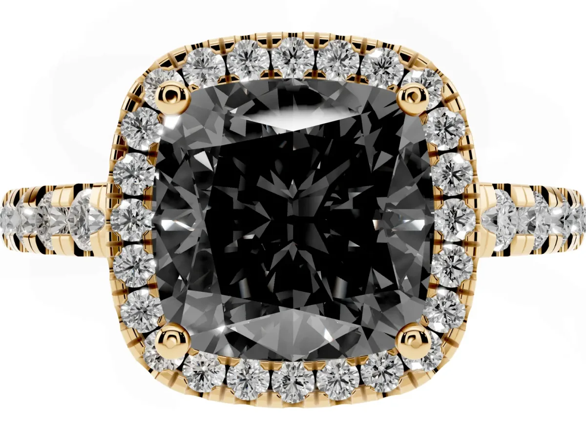 Fancy Black Cushion Cut Diamond Halo Ring with Pavé Band and Four-Prong Setting Yellow gold