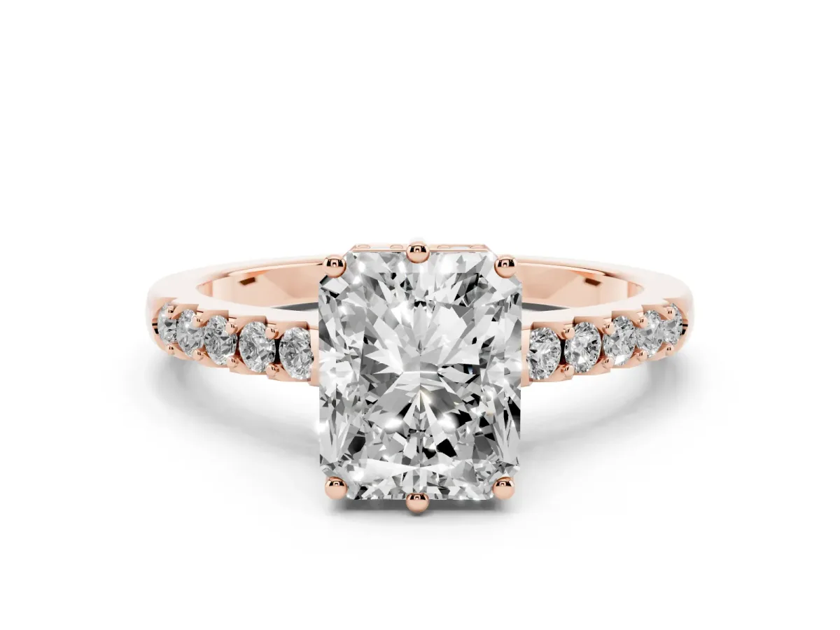 Radiant Cut Solitaire Diamond Engagement Ring with Pavé Band and Six-Prong Setting Rose gold
