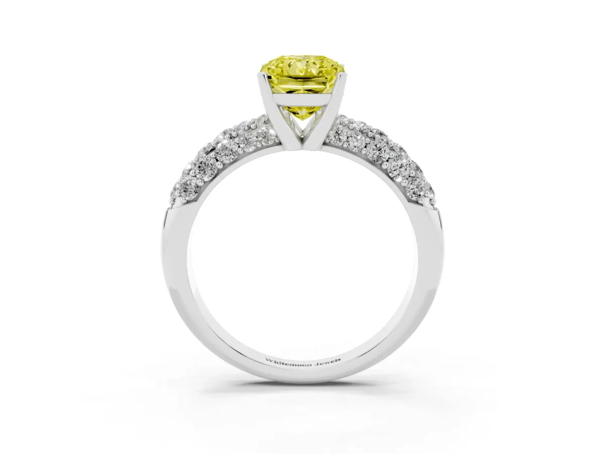 Fancy Yellow Radiant Cut Diamond Pavé Band Solitaire Ring with Four-Prong Setting Silver