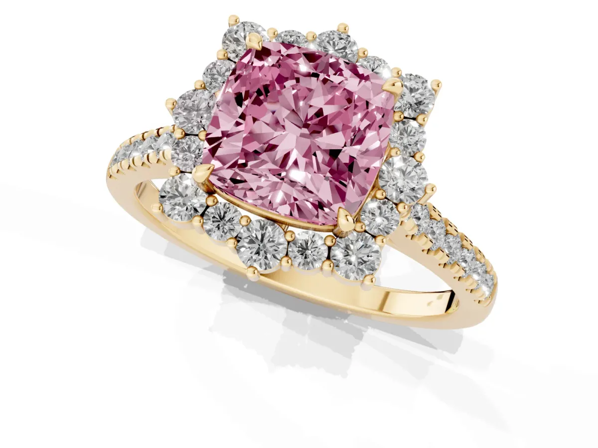 Fancy Pink Cushion Cut Halo Diamond Ring with Pavé Band and Prong Setting Yellow gold