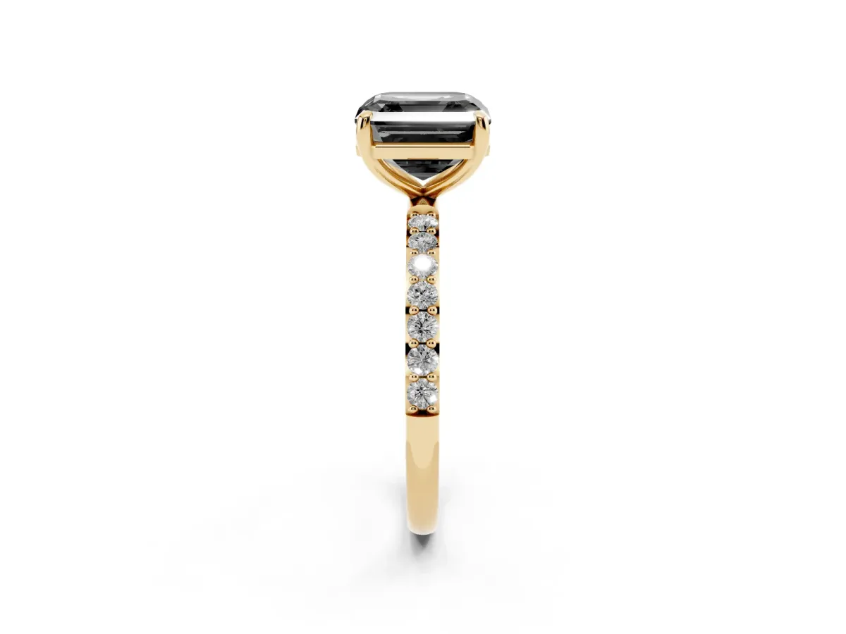 Fancy Black Asscher Cut Diamond Solitaire Ring with Round Pavé Band and Prong Setting Yellow gold