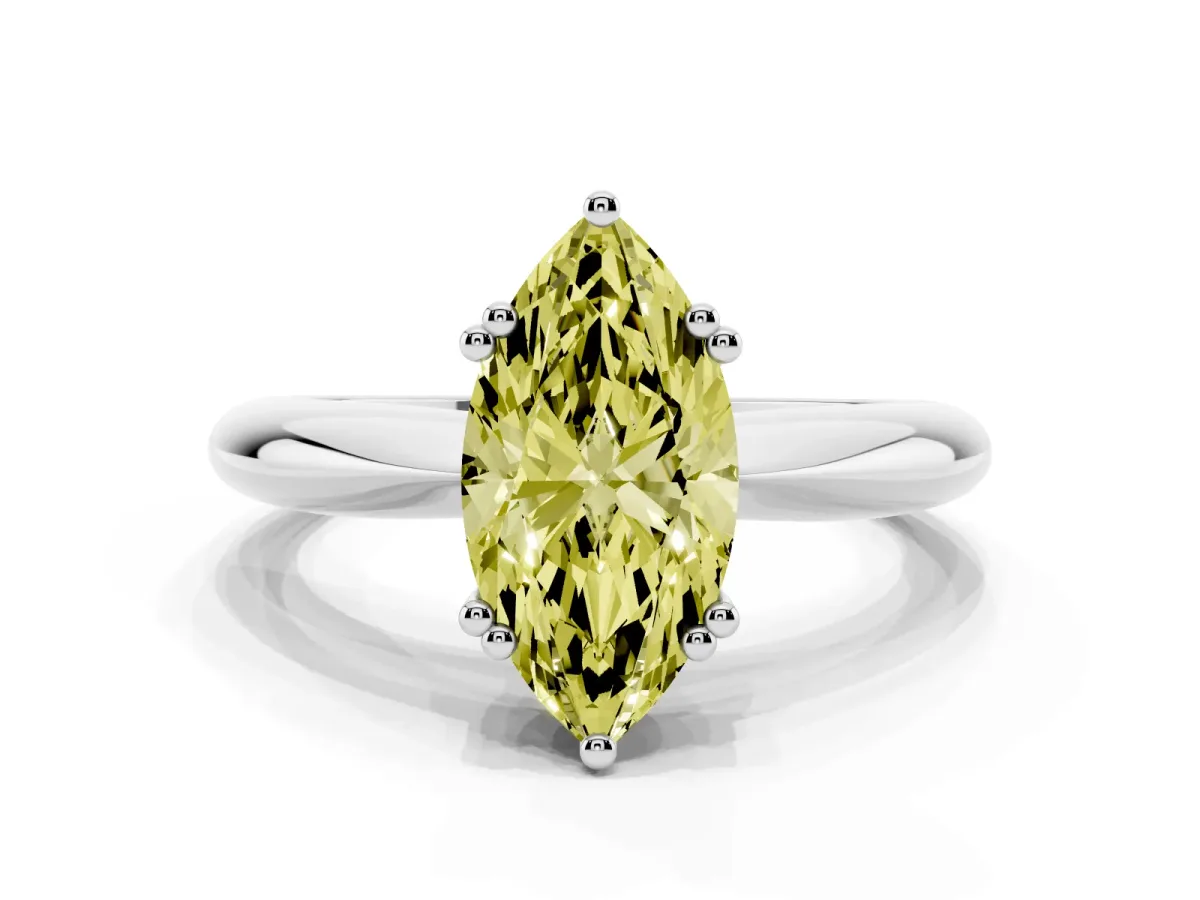 Fancy Yellow Marquise Cut Cut Solitaire Engagement Ring with Tapered Band and Four-Prong Setting White gold