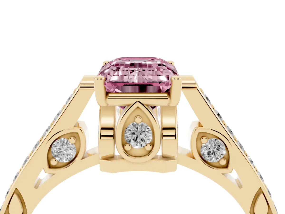 Fancy Pink Emerald Cut Cut Cathedral Pave Diamond Engagement Ring with Six-Prong Setting Yellow gold