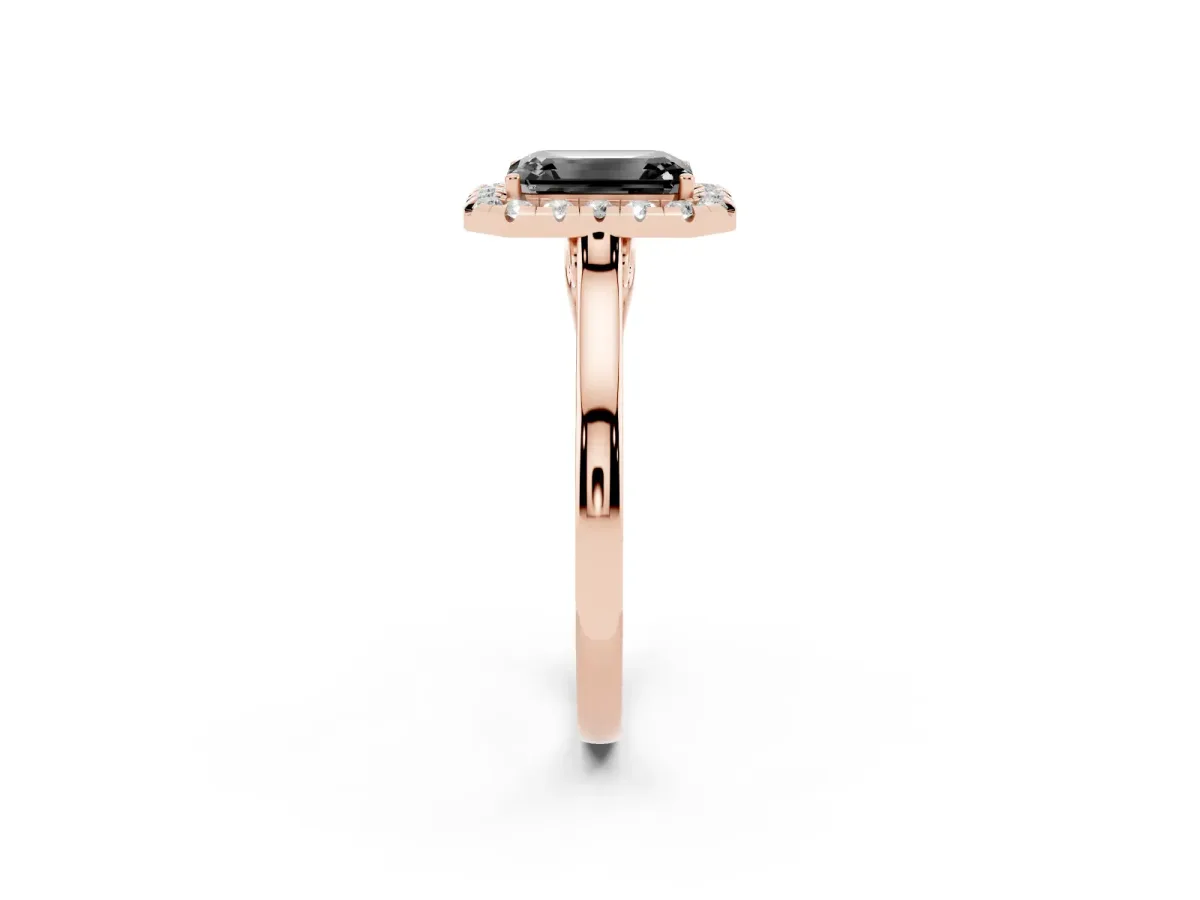 Fancy Black Emerald Cut Halo Round Diamond Solitaire Ring with Pavé Band and Four-Prong Setting Rose gold
