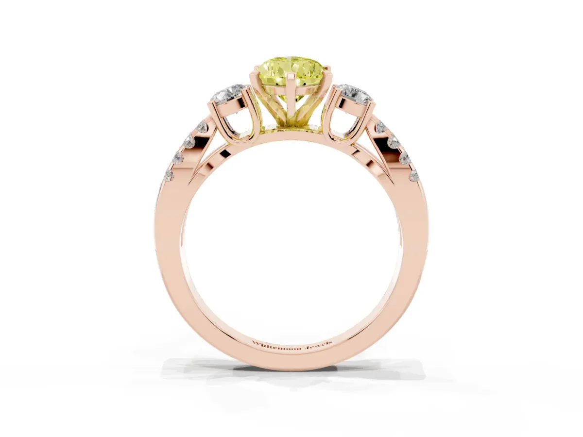 Fancy Yellow Pear Cut Diamond Three-Stone Ring with Pavé Split Shank and Four-Prong Setting Rose gold