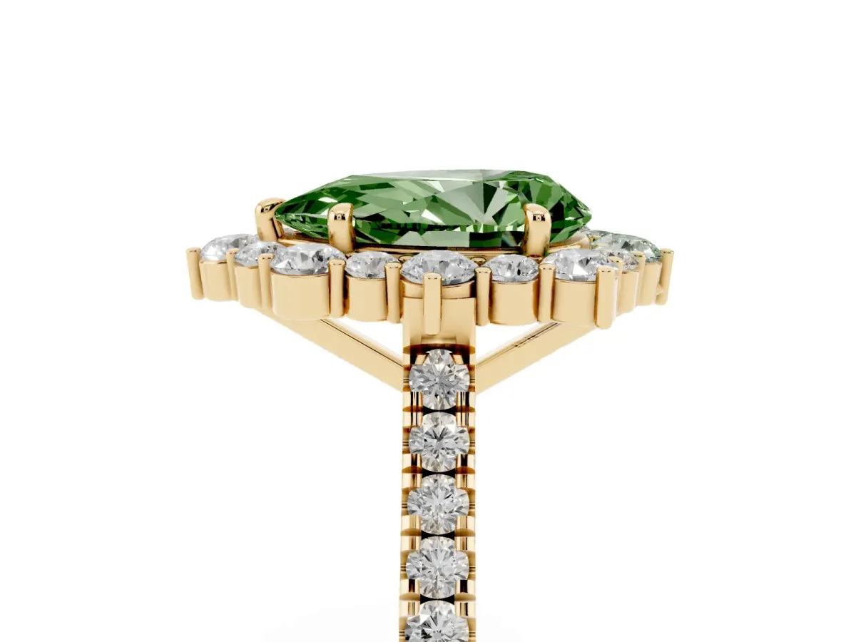 Fancy Green Pear Cut Halo Diamond Ring with Pavé Band and Prong Setting Yellow gold