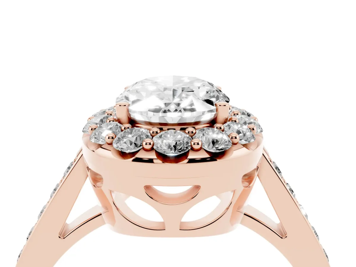 Oval Cut Diamond Floral Halo Ring with Pavé Band and Prong Setting Rose gold