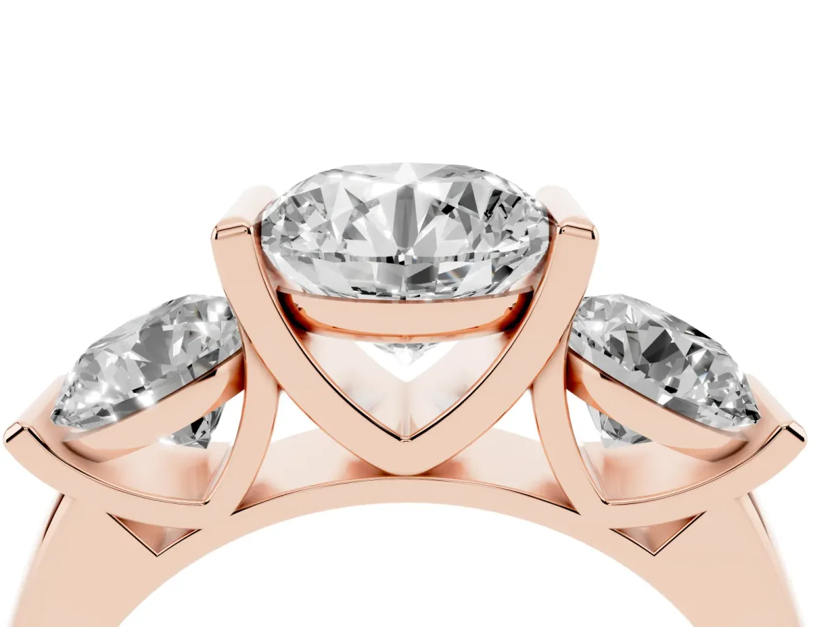 Three-Stone Round Cut Brilliant Diamond Ring with Channel Setting and White Gold Band Rose gold