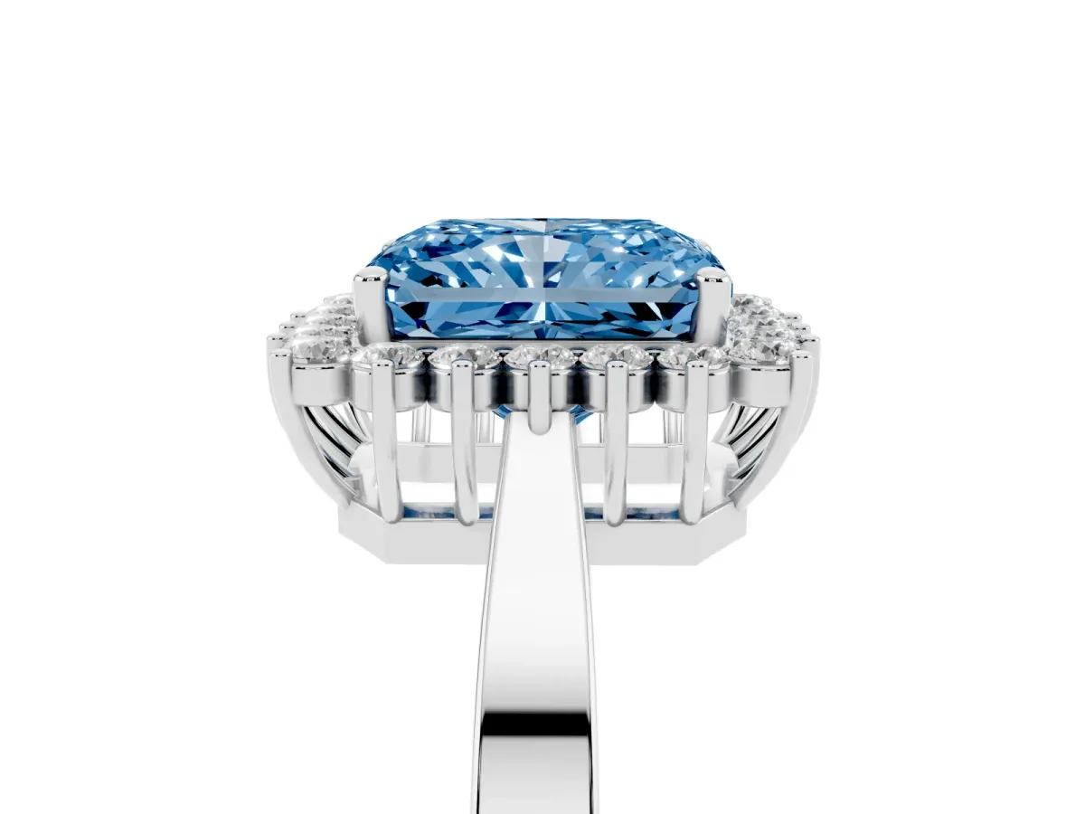 Fancy Blue Radiant Cut Cut Diamond Halo Ring with Round Brilliant Halo and Solitaire Band Silver