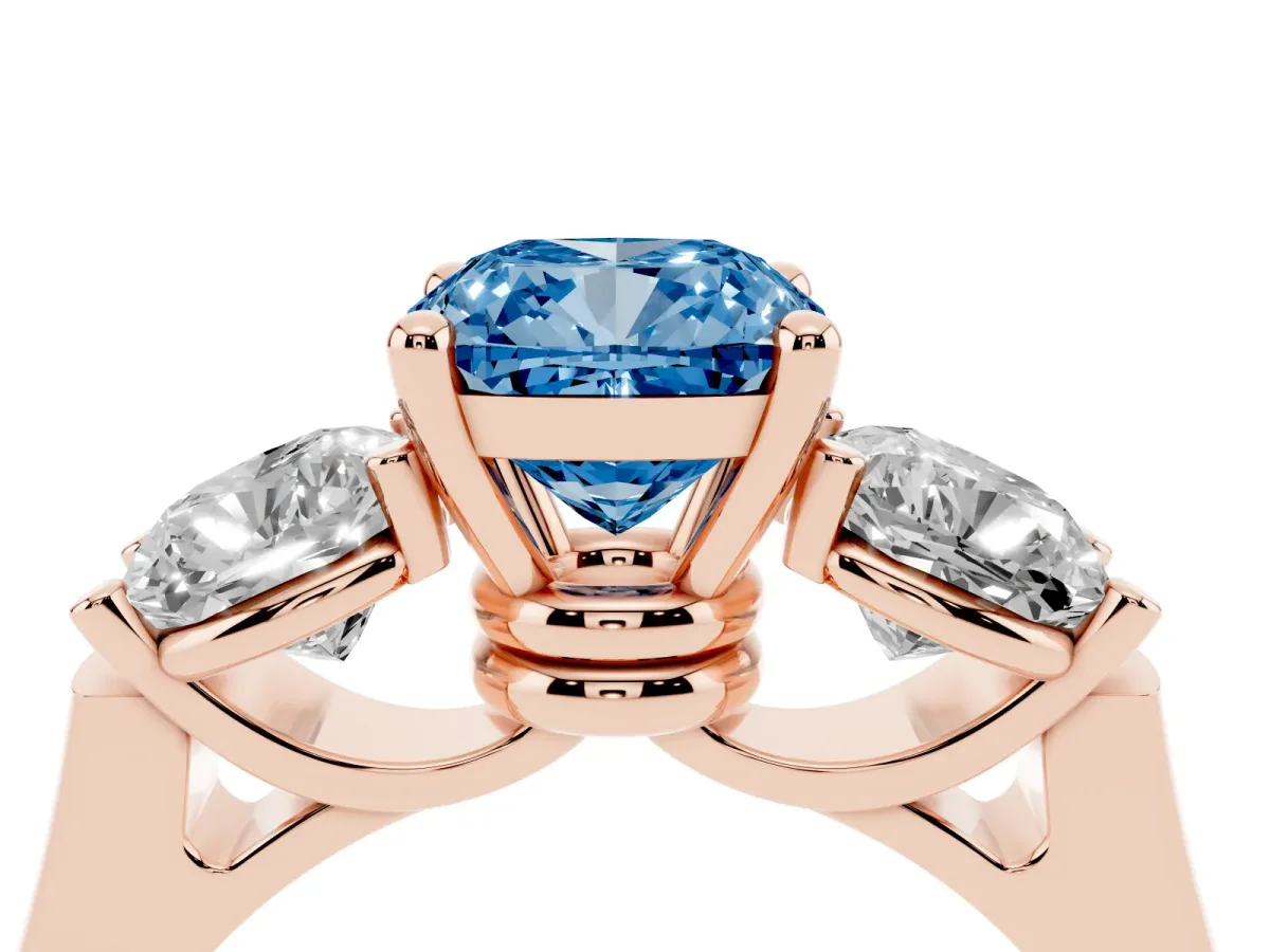 Fancy Blue Three-Stone Cushion Cut Brilliant Diamond Trellis Ring with Comfort Fit Band Rose gold